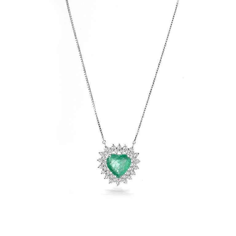 COLAR OURO BRANCO ESMERALDA CORAÇÃO E BRILHANTES