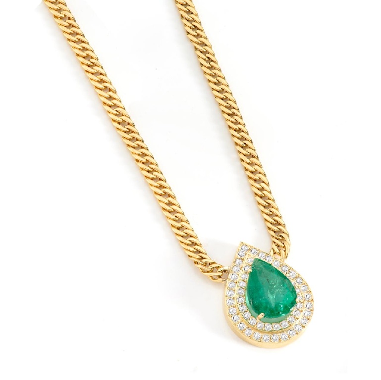 COLAR OURO AMARELO 18K ESMERALDA GOTA E BRILHANTES-0