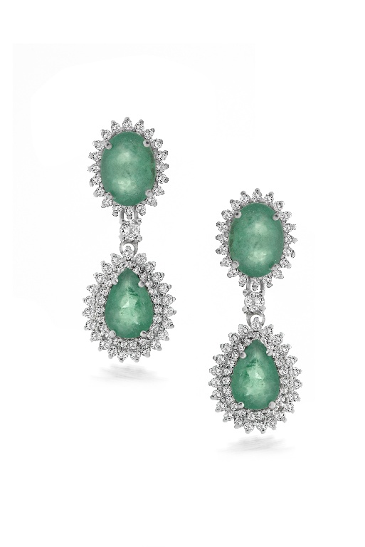 BRINCOS OURO BRANCO 18K ESMERALDAS E BRILHANTES