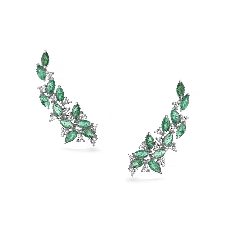 Earcuff Ouro Branco 18k Esmeraldas Navetes E Brilhantes
