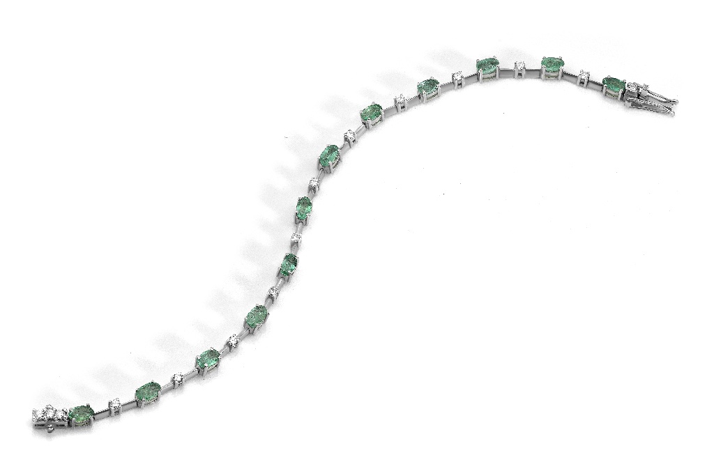 Pulseiras Ouro Branco 18k Esmeraldas Ovais E Brilhantes