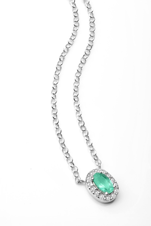 Colar Ouro Branco 18k Esmeralda Peq E Brilhantes